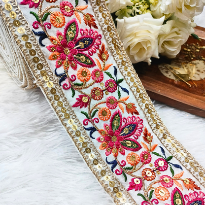 Multicolor Embroidered White Trim