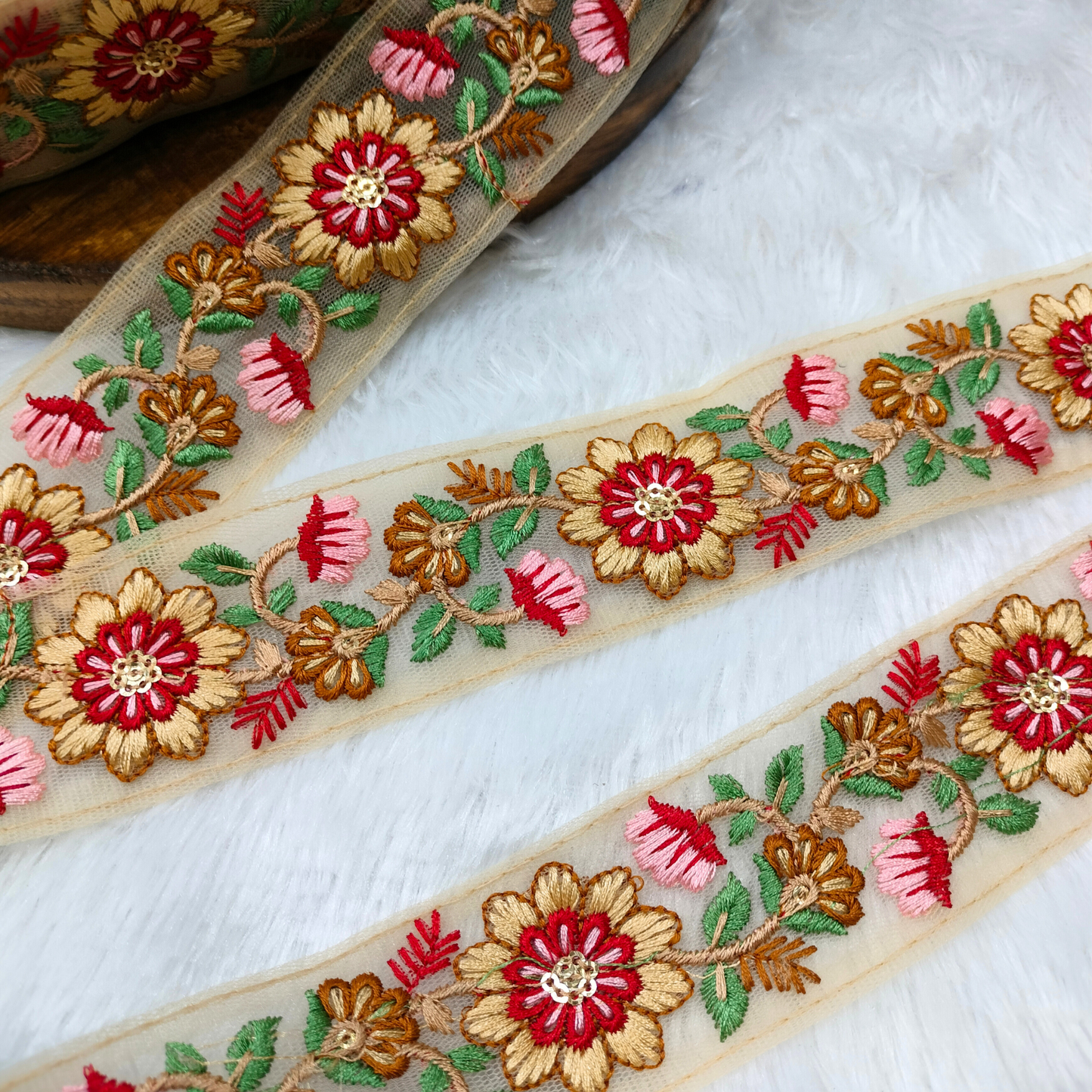 Beige Multicolor Embroidered Trim