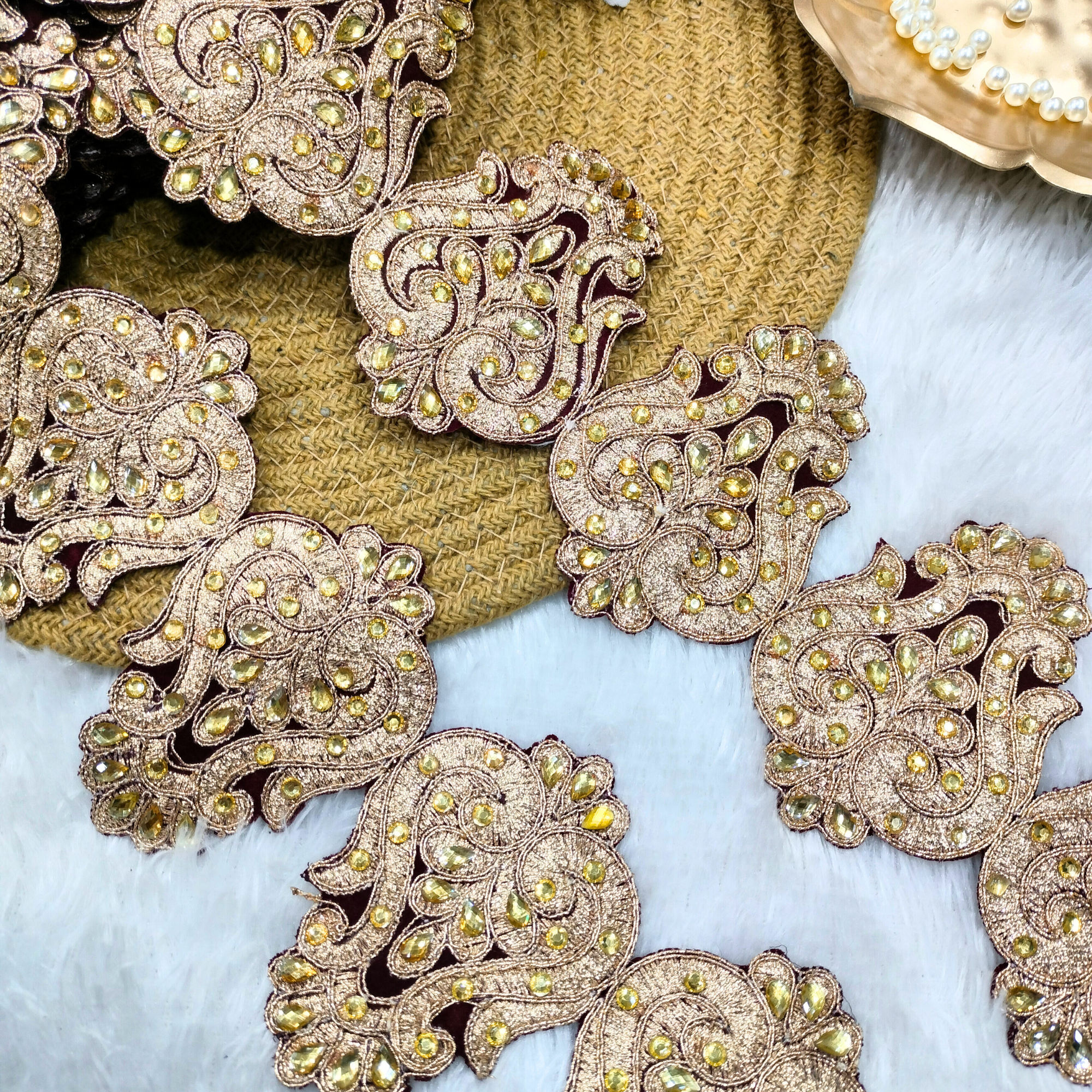 Gold Stone Paisley Designer Lace