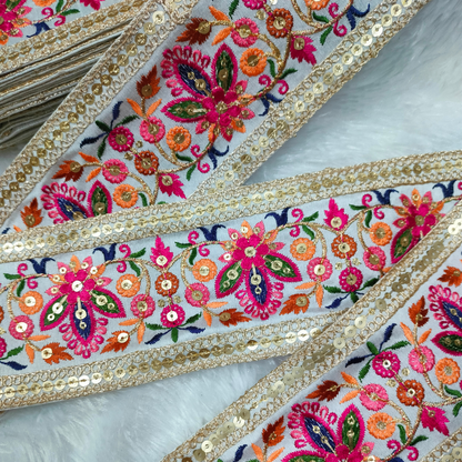 Multicolor Embroidered White Trim