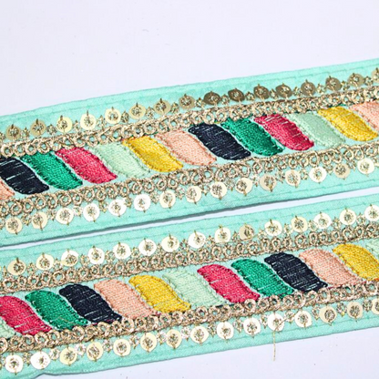 Turquoise Multicolor Embroidery Work Lace