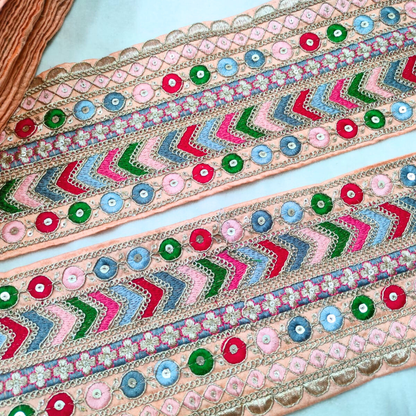 Charming Peach Base Multicolor Embroidery Trim