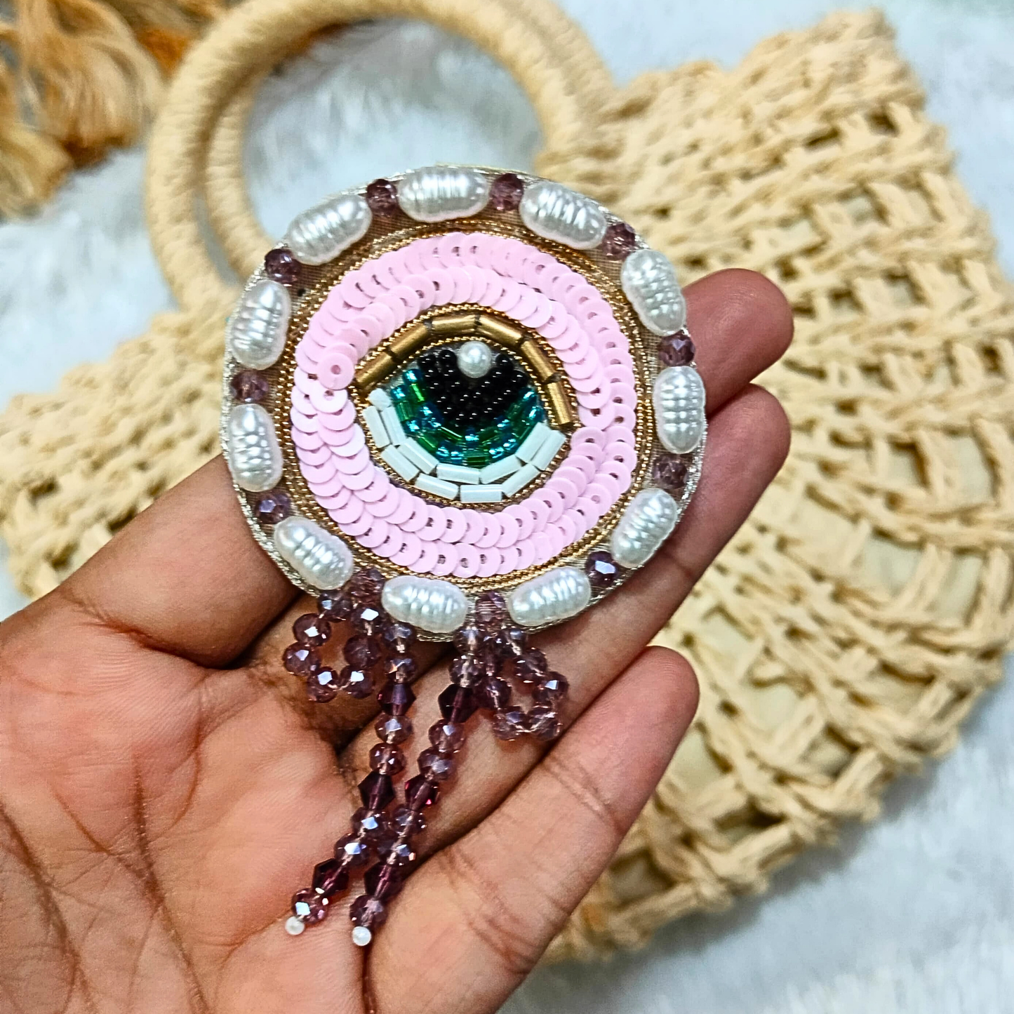 Blushing Pink Sequin Circular Evil Eye Emblem