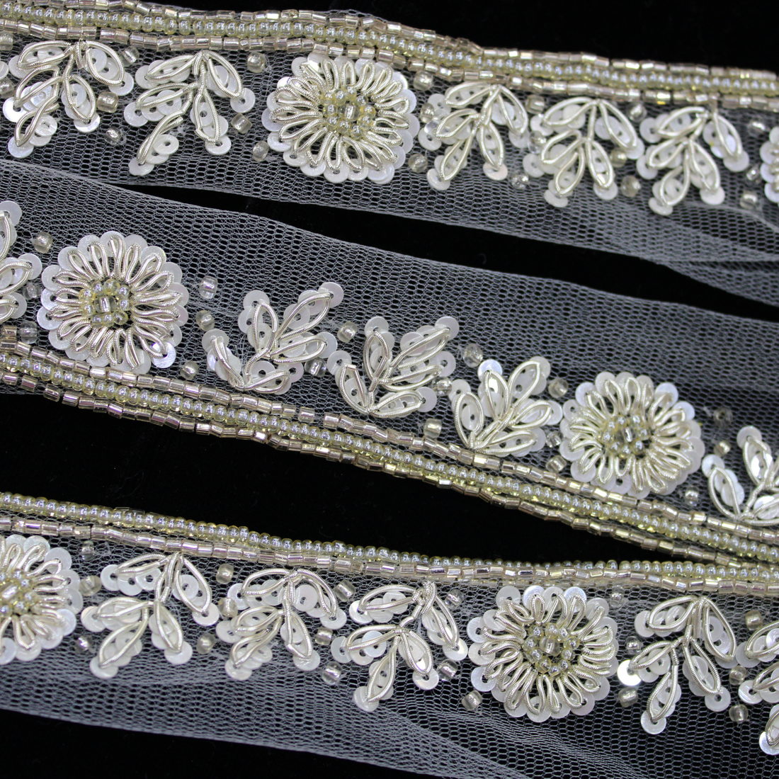 White and Light Gold Floral Handwork Trim