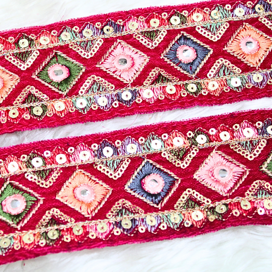 Vibrant Pink Multicolor Embroidery Trim