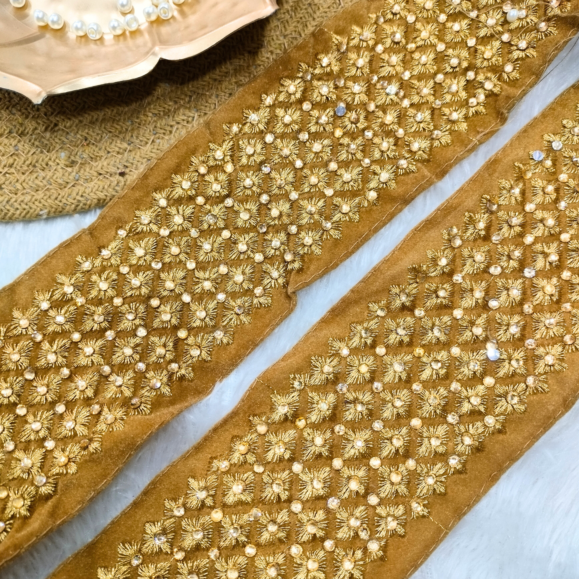 Golden Hand-Embroidered Pearl Floral Lace