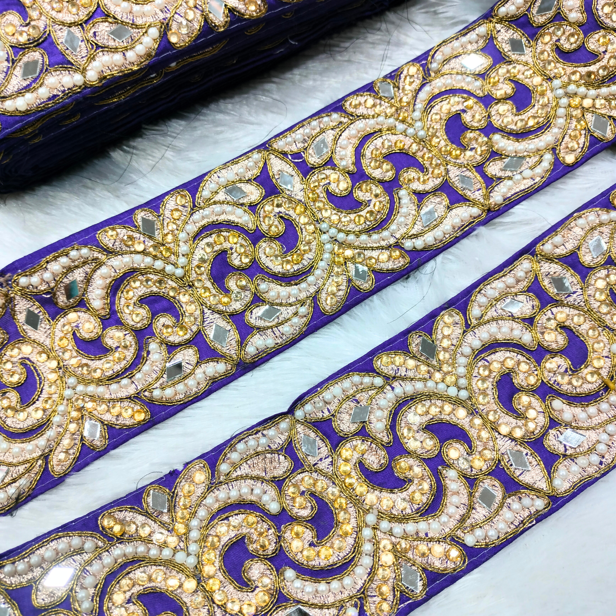 Purple Heavy Pearl & Mirror Work Lace