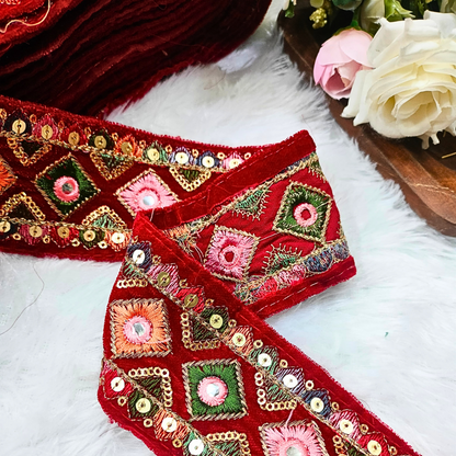 Vibrant Red Multicolor Embroidery Trim