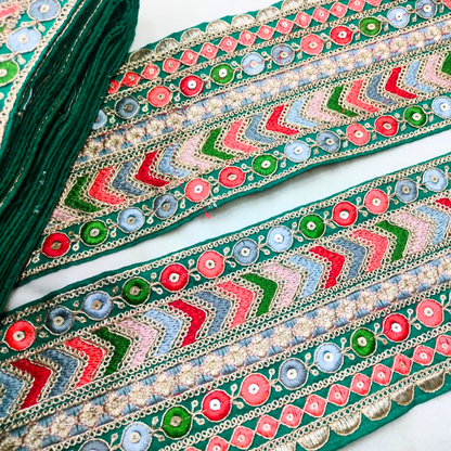 Vibrant Green Base Multicolor Embroidery Lace Trim