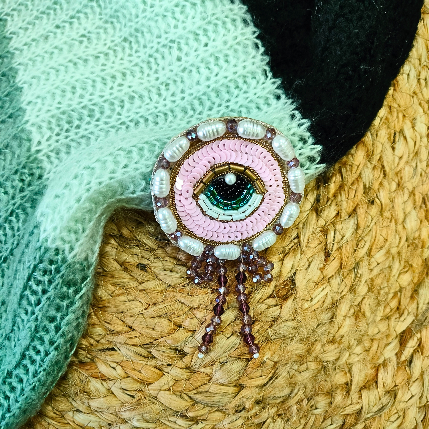 Blushing Pink Sequin Circular Evil Eye Emblem