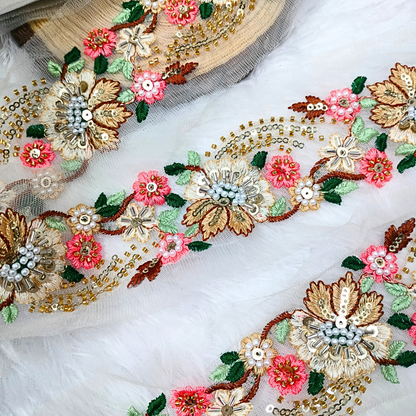 White Multicolor Floral Embroidery Trim