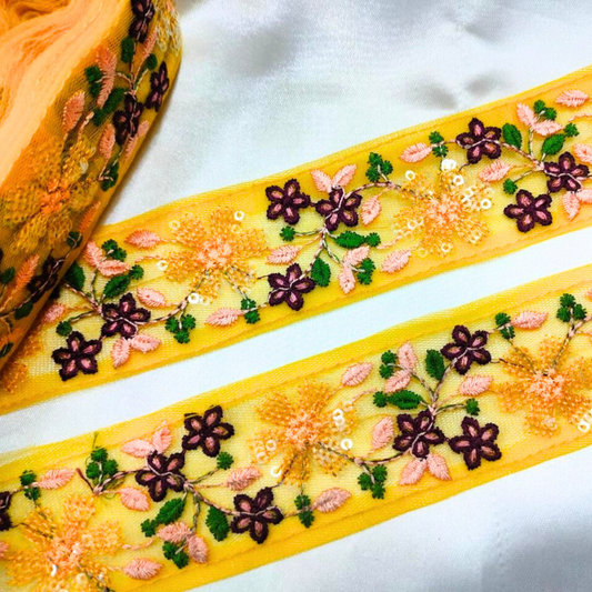 Yellow Base Multicolor Floral Embroidered Trim