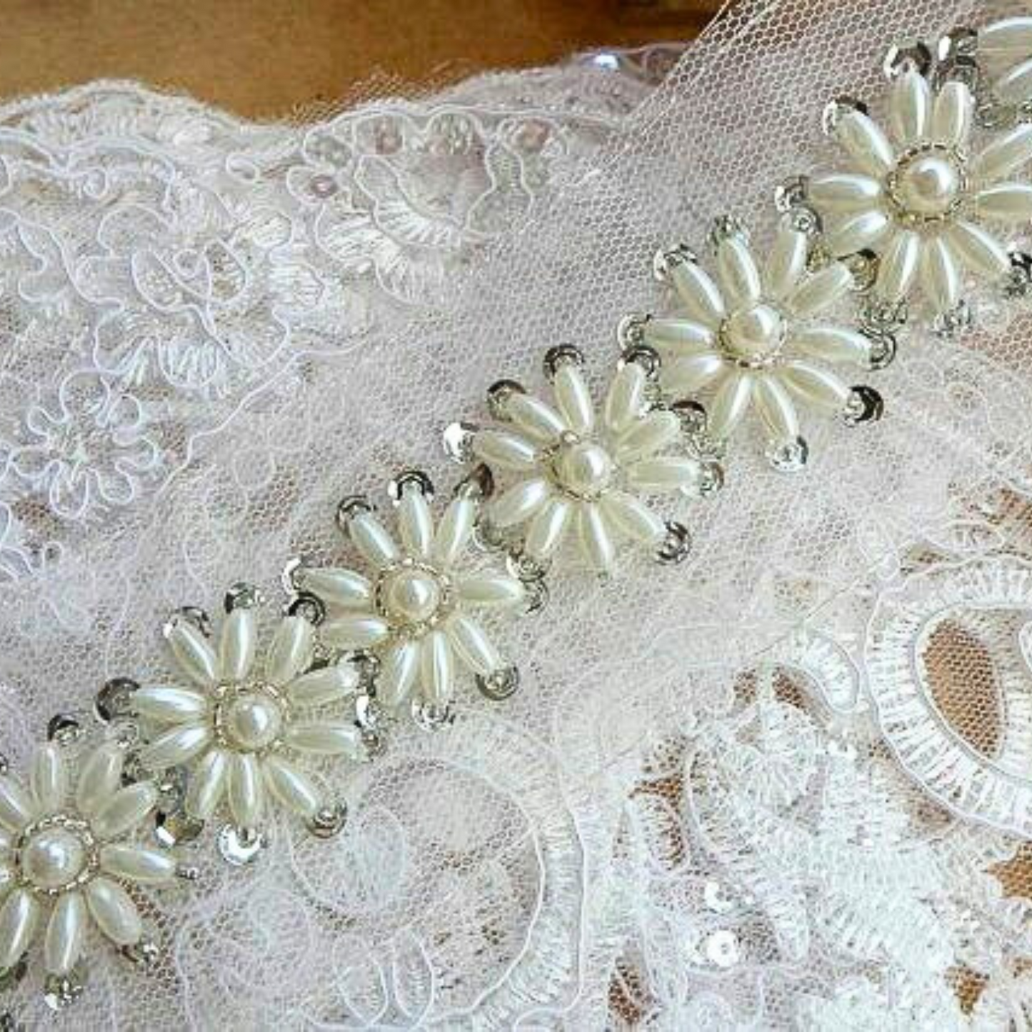 White Foral Embellished Handwork Trim