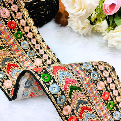 Elegant Black Base Multicolor Embroidered Lace Trim
