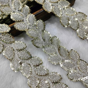 Silver & Champagne Leaf Motif Sequin Embroidery Lace