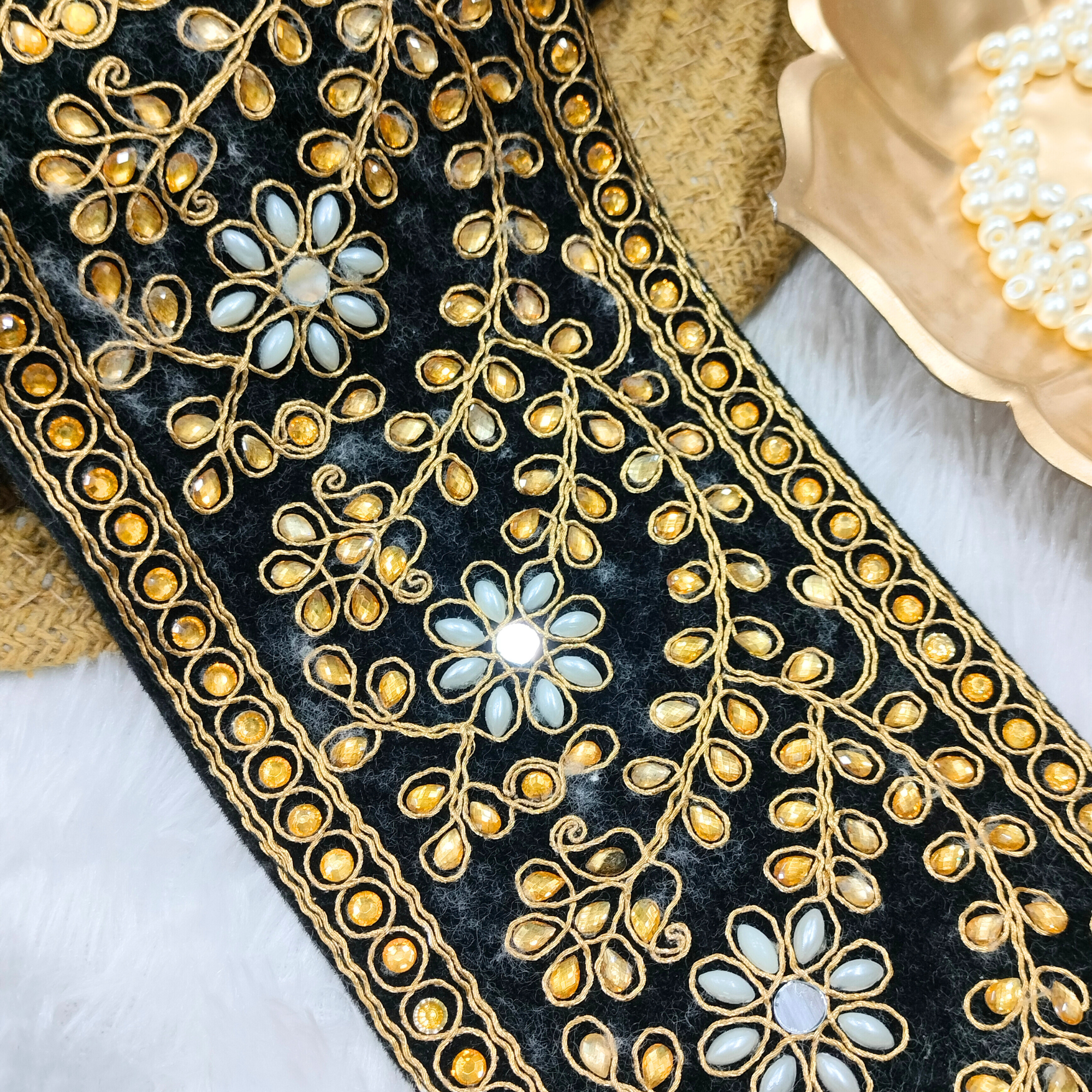 Black Floral Pearl & Stone Heavy Embroidery Lace