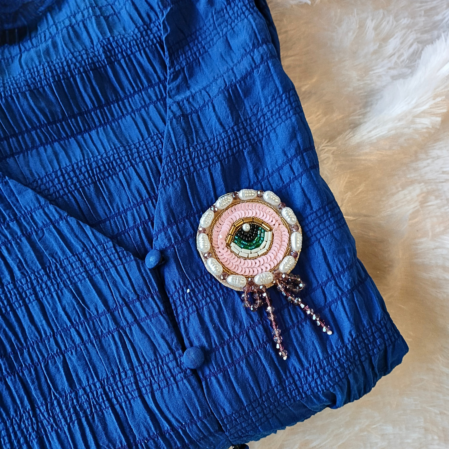 Blushing Pink Sequin Circular Evil Eye Emblem