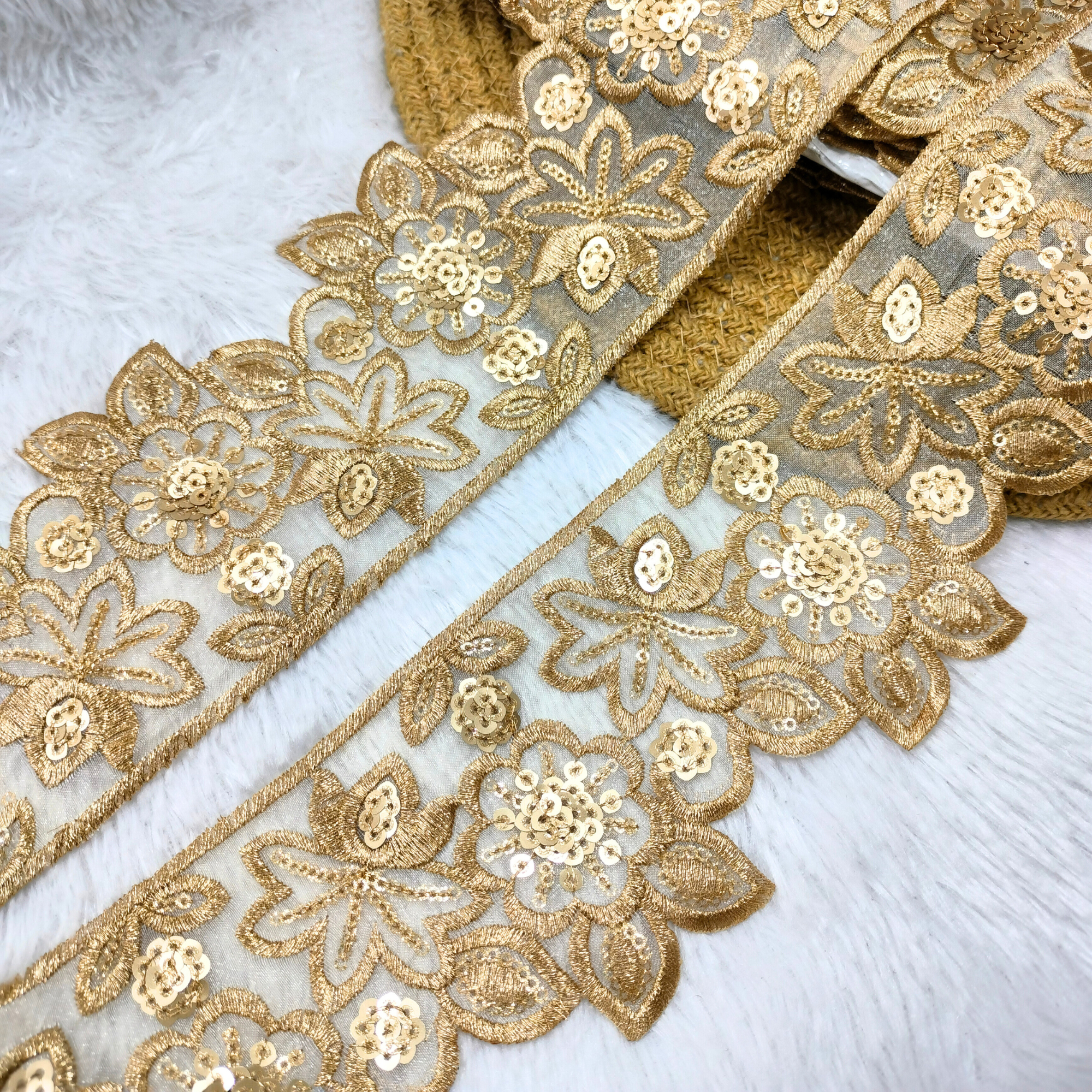 Gold Floral Sequin Embroidered Lace