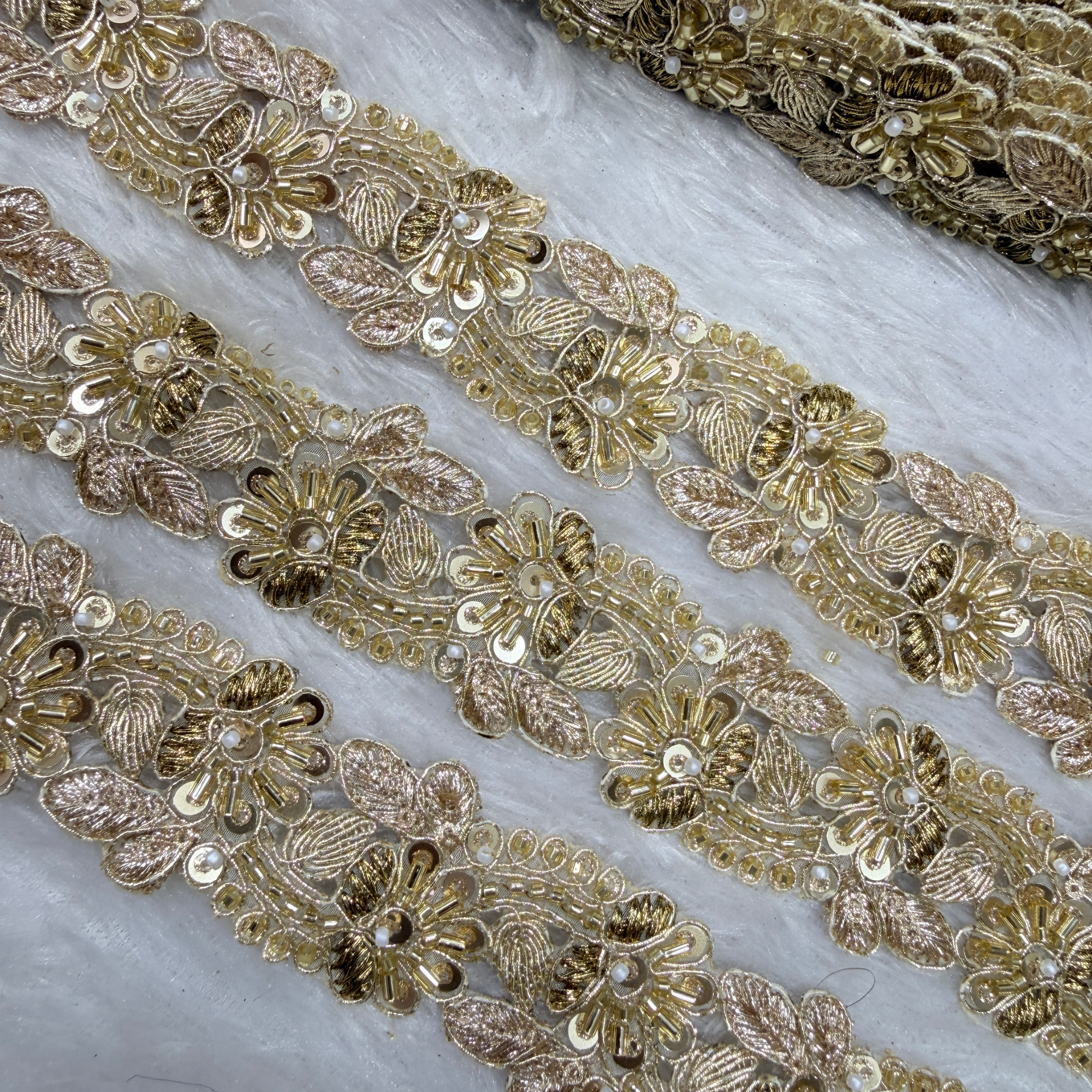 Gold Handcrafted Floral Lace Border with Bead, Sequin and Cutwork Detailing
