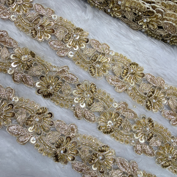 Gold Handcrafted Floral Lace Border with Bead, Sequin and Cutwork Detailing