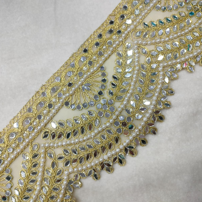 Mirror & Pearl Embellished Scalloped Lace Border for Bridal & Designer Wear hover