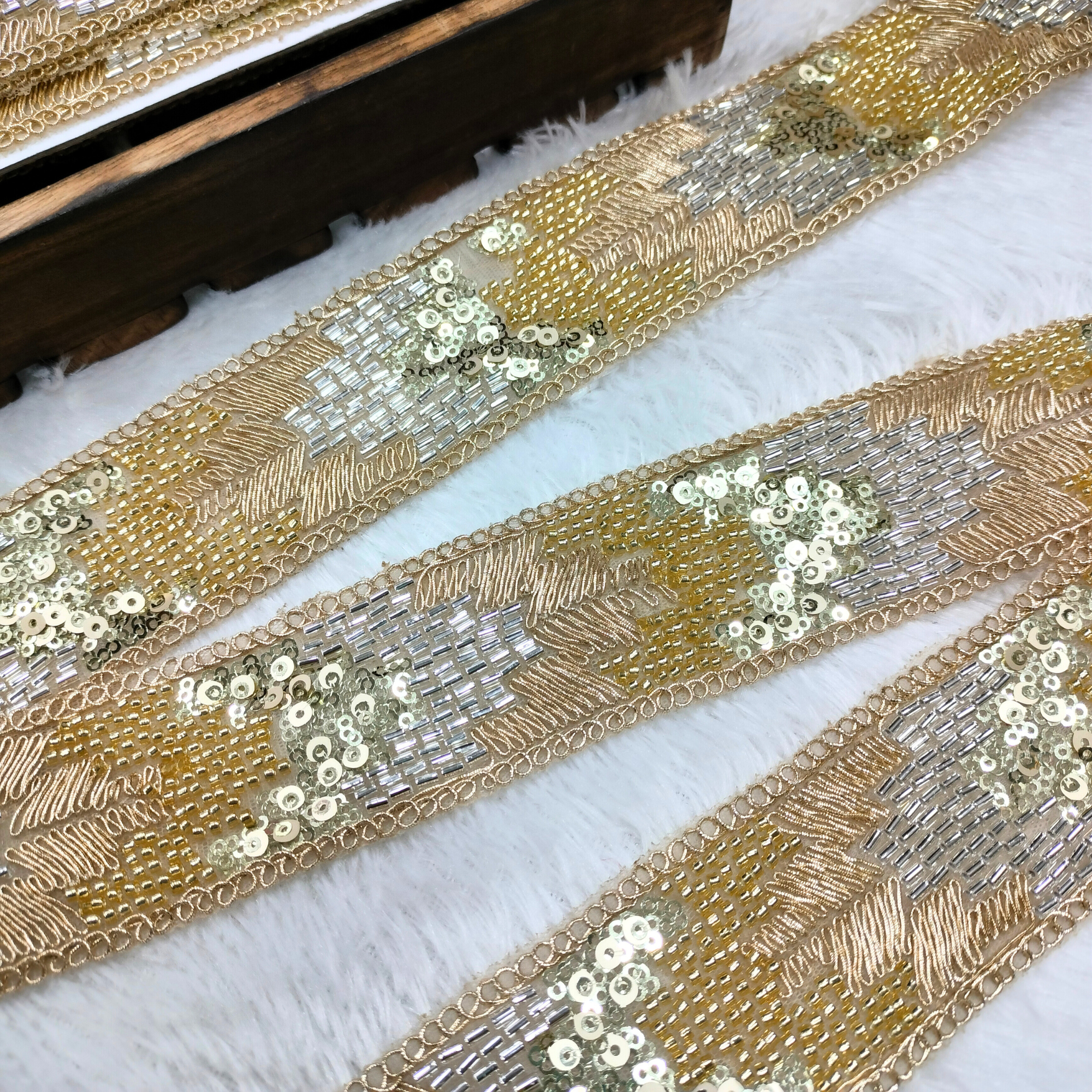 Golden Heavy Beaded Sequin Embellished Trim