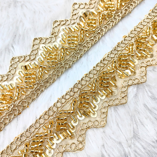 Embellished Golden Cutdana and Pearl Trim