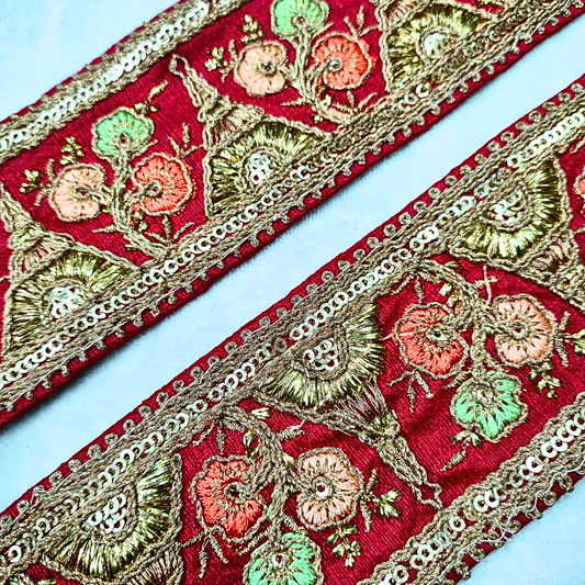 Red Fancy Zari and Thread Work Embroidered Border