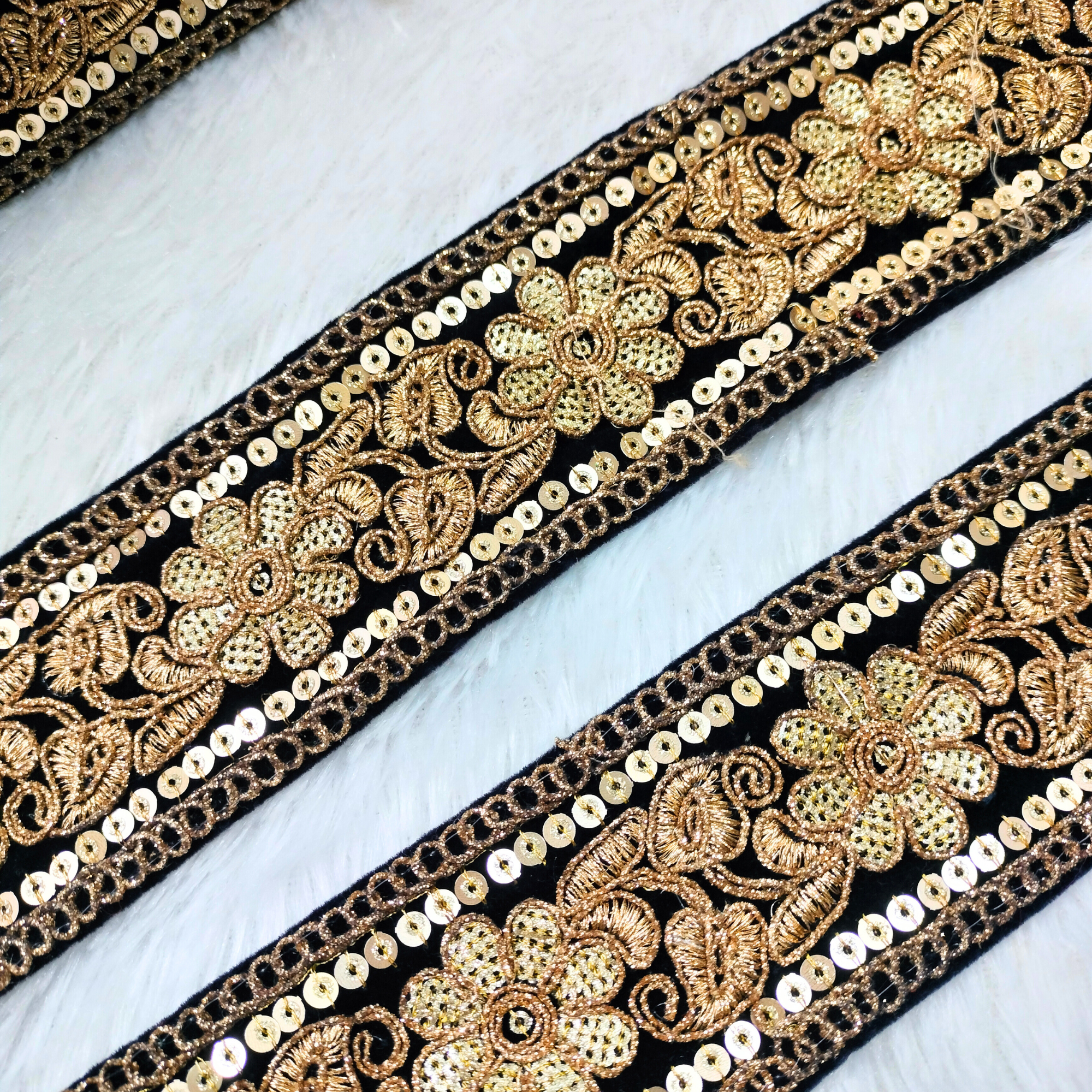 Black & Gold Embroidered Floral Trim