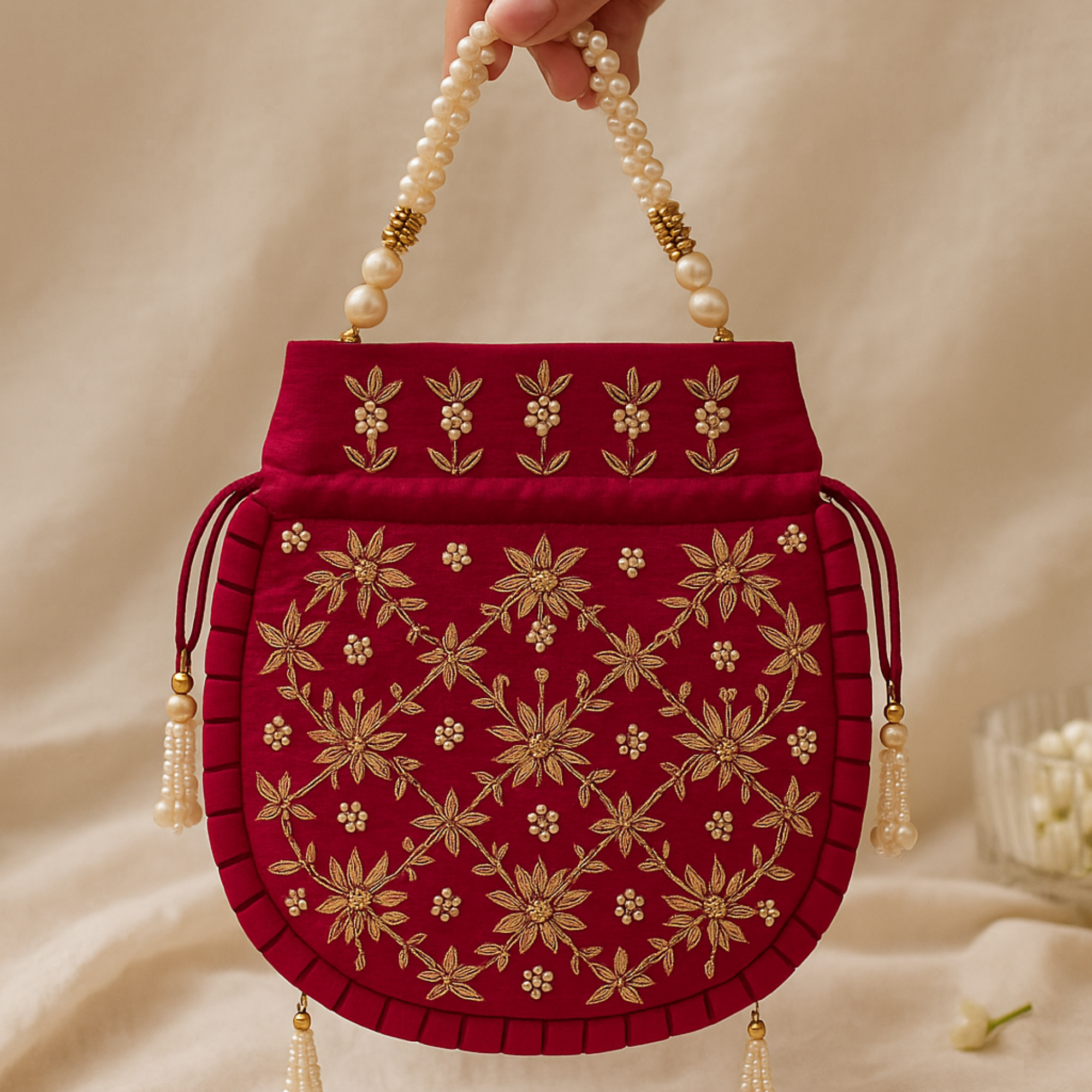 Maroon Golden Bloom Potli Bag