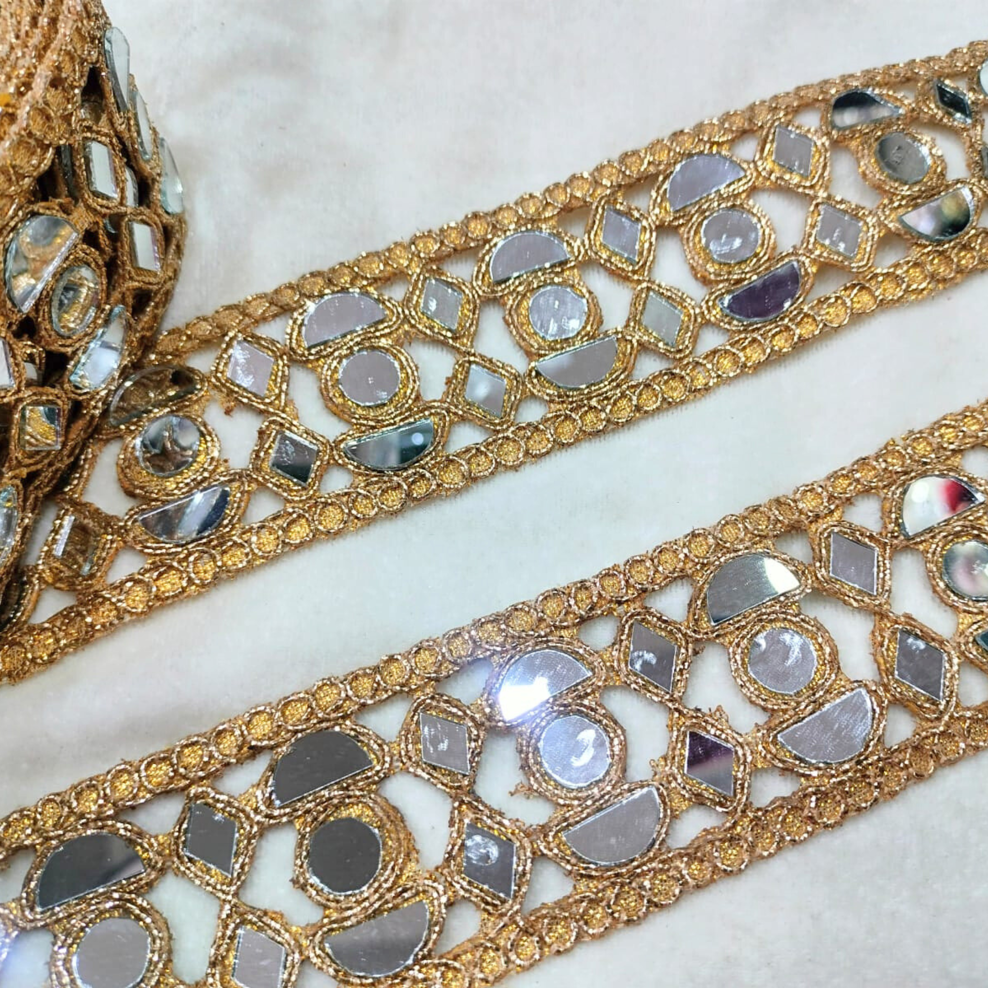 Geometric Mirror Work Embroidered Designer Lace