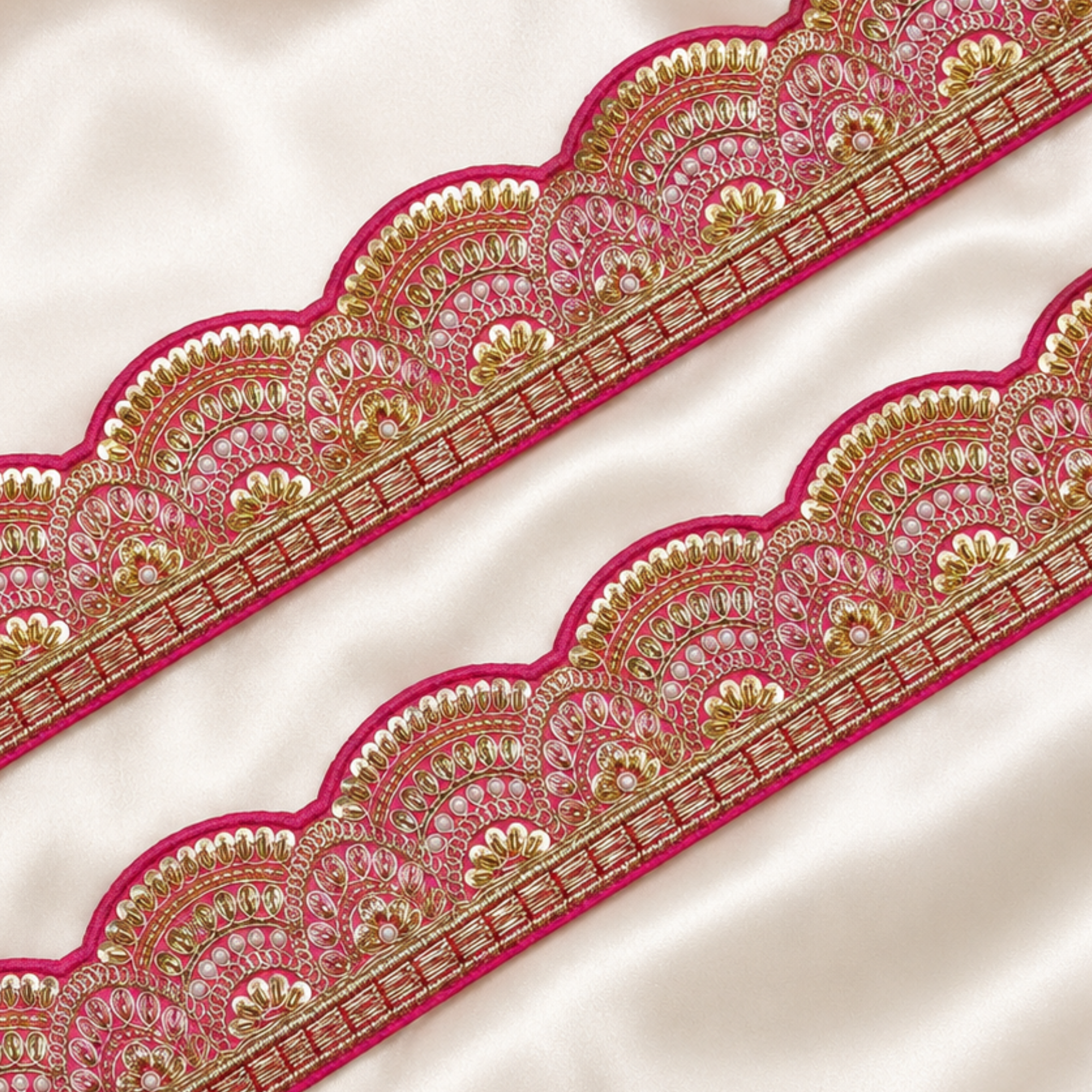Scalloped Floral Metallic Handwork Wide Lace Border for Bridal & Designer Wear