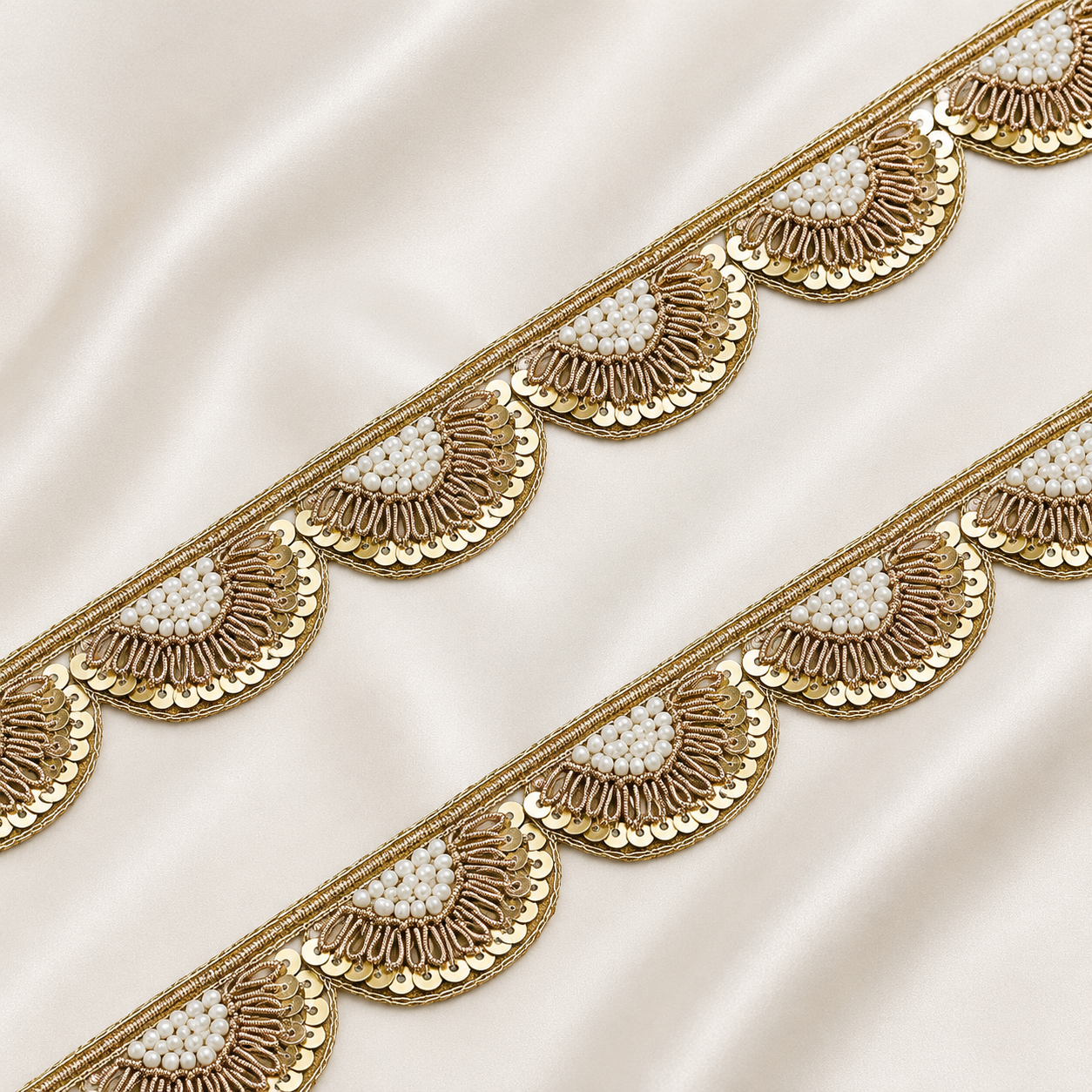 Pearl and Sequin Embellished Scallop Lace Trim for Designer Wear