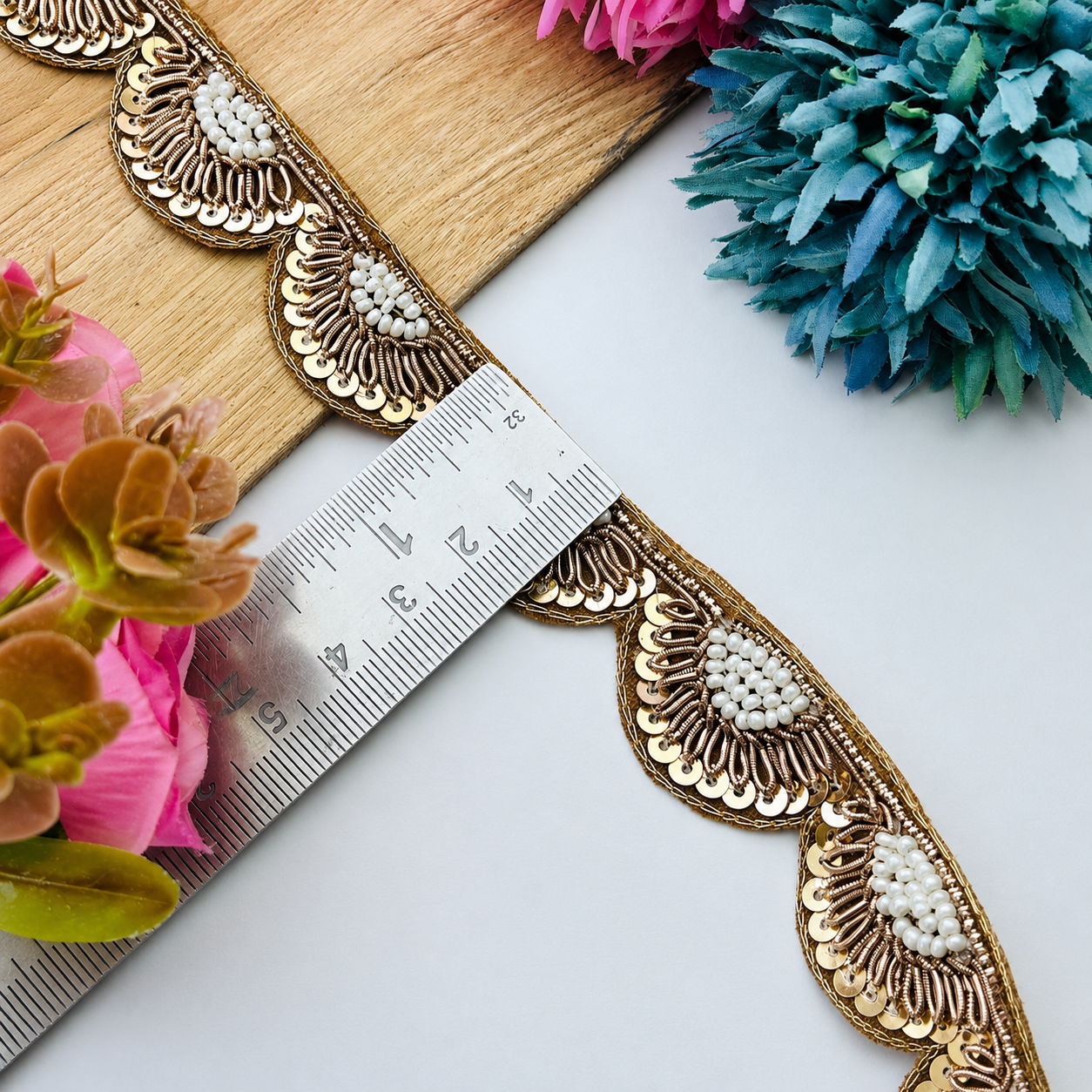 Pearl and Sequin Embellished Scallop Lace Trim for Designer Wear