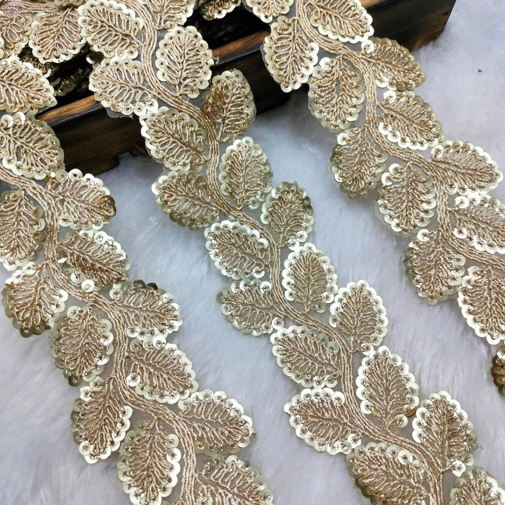 Gold Leaf Pattern Embroidered Net Lace