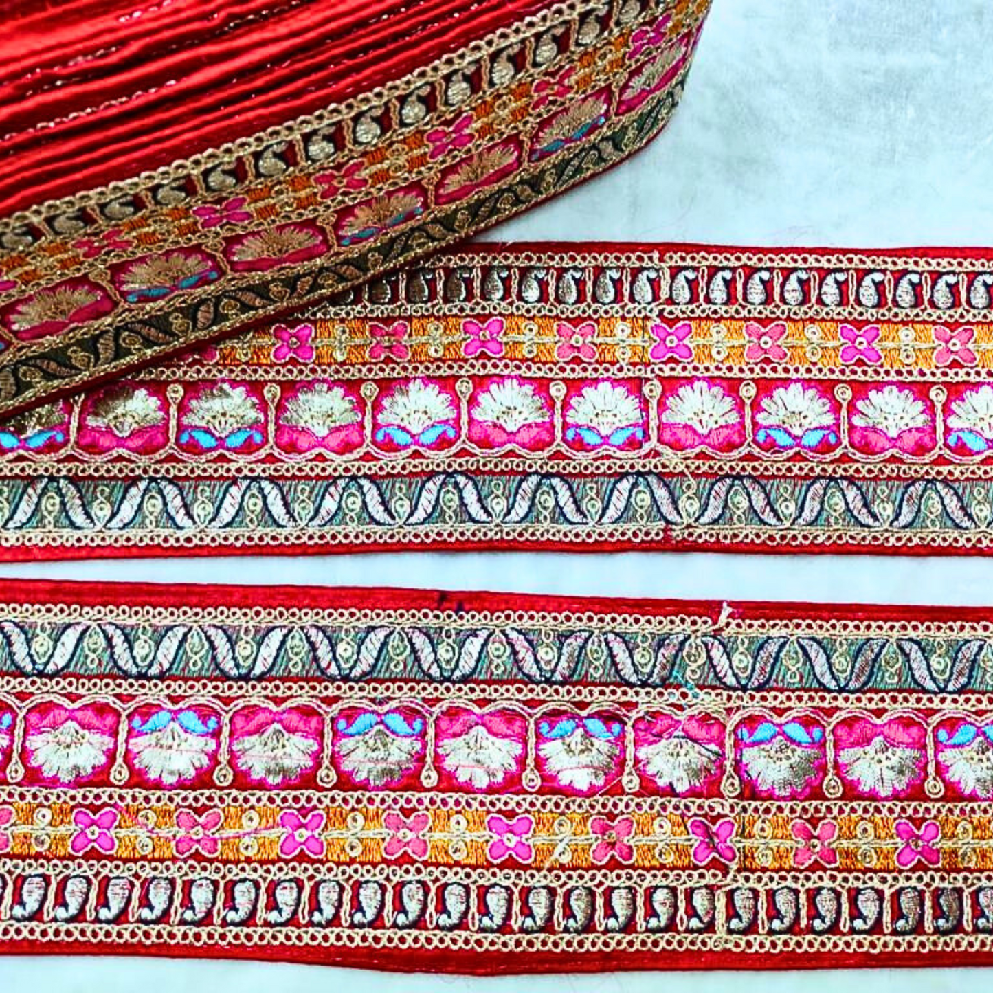 Red Multicolor Embroidery Work Lace