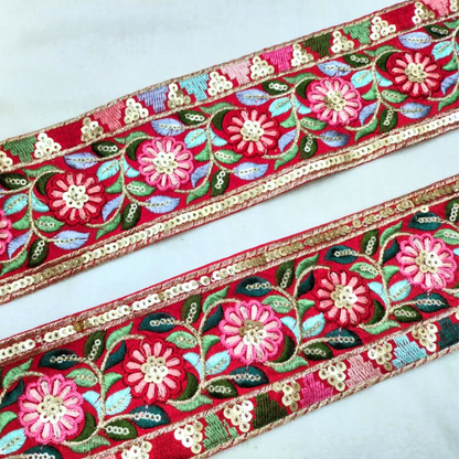 Red and Multicolor Embroidered Trim