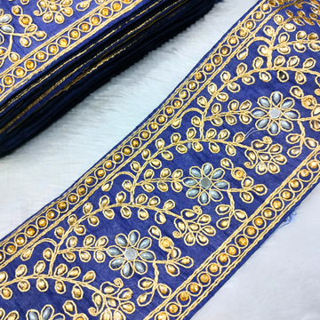 Royal Blue Floral Stone & Pearl Embroidered Lace