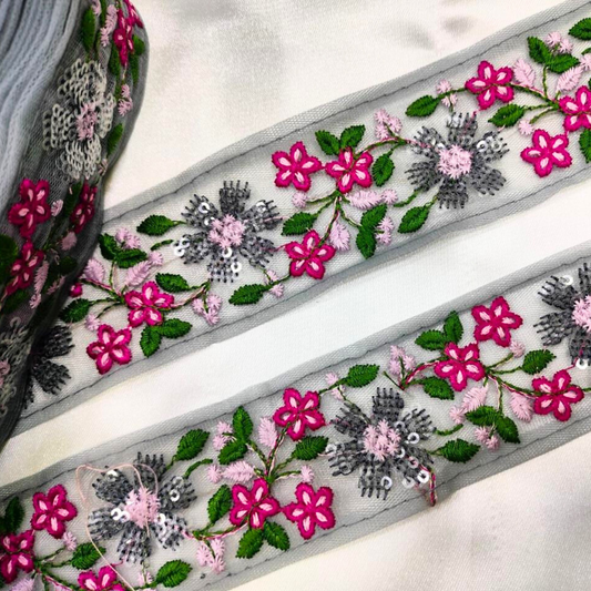 Grey Base Multicolor Floral Embroidered Trim