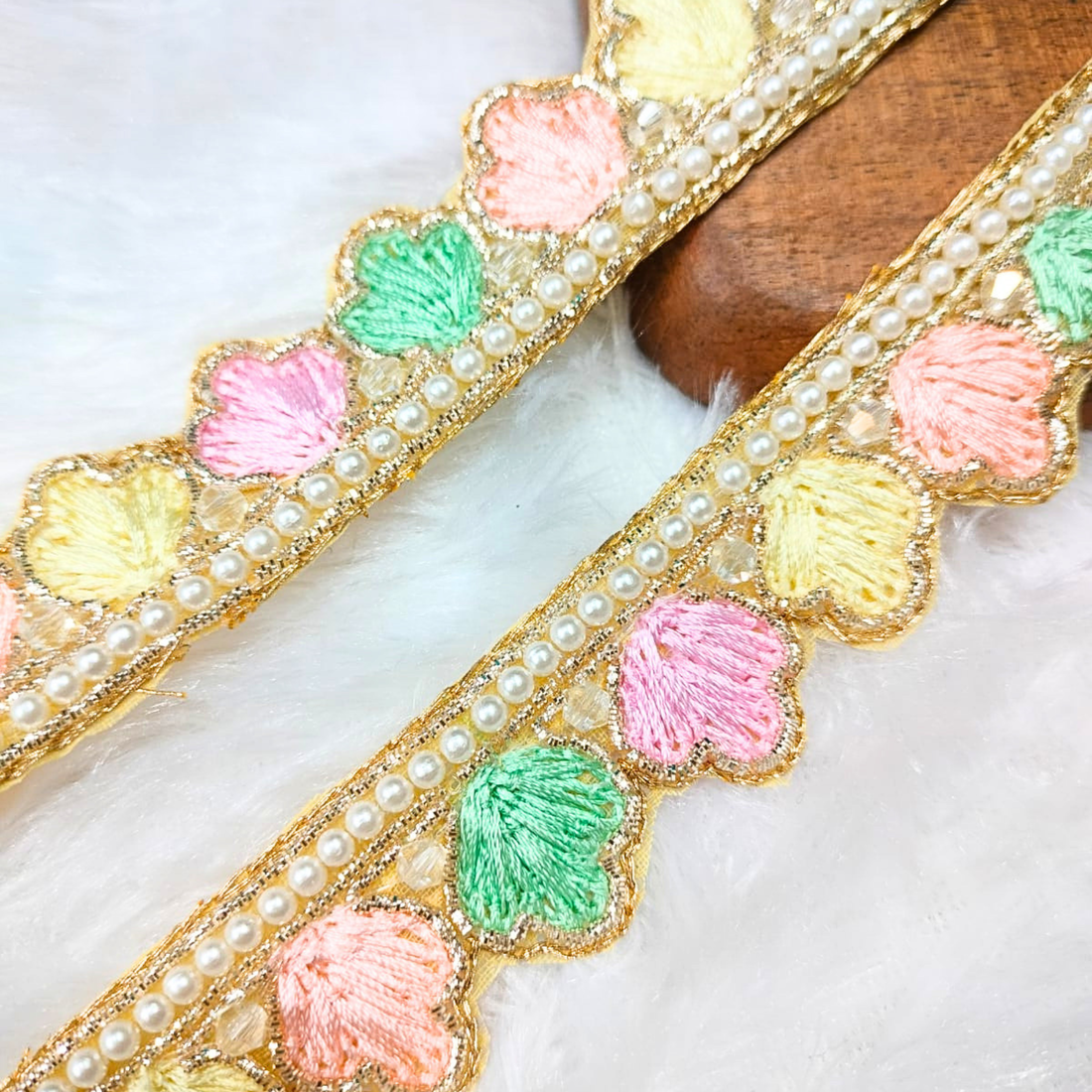 Multicolor Embellished Pearl Handwork Lace