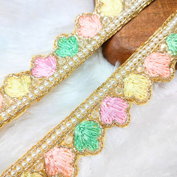 Multicolor Embellished Pearl Handwork Lace