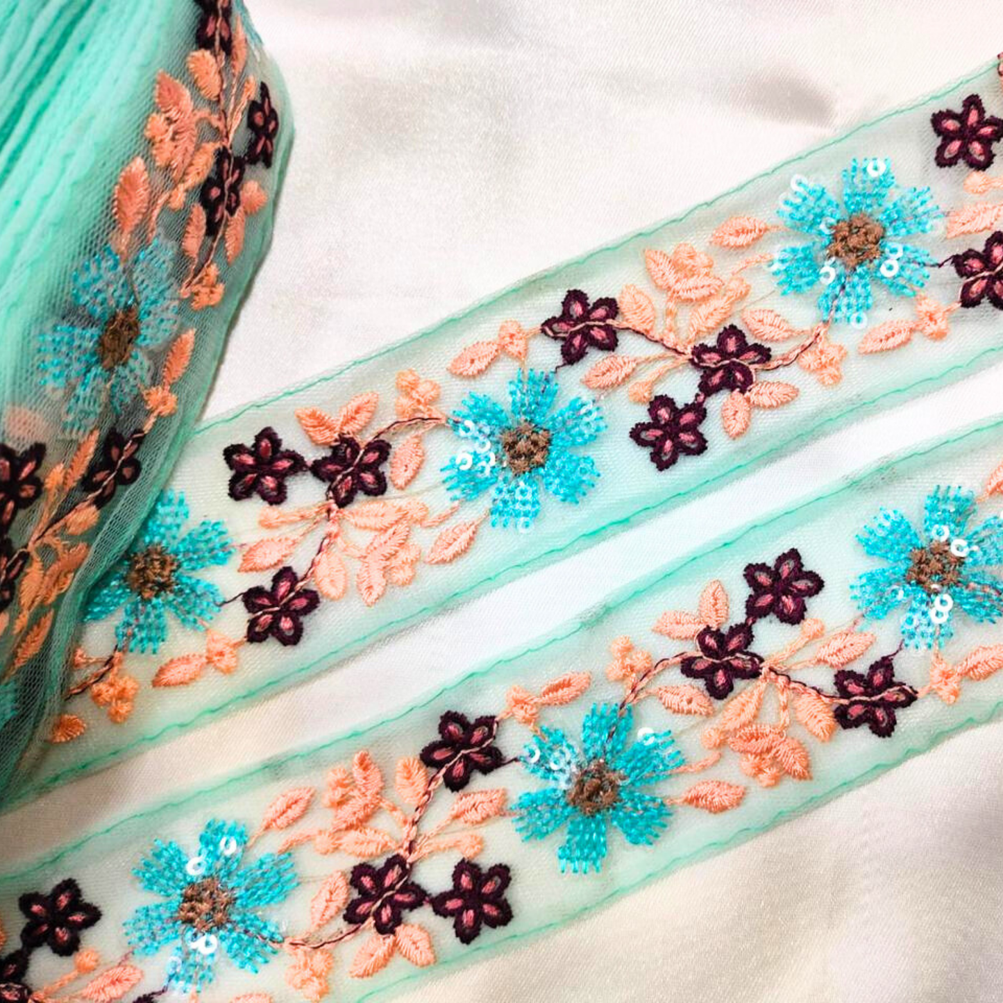 Light Blue Base Multicolor Floral Embroidered Trim