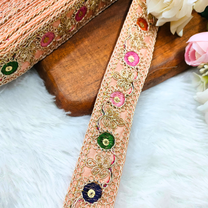 Vibrant Peach Base Multicolor Embroidery Lace Trim