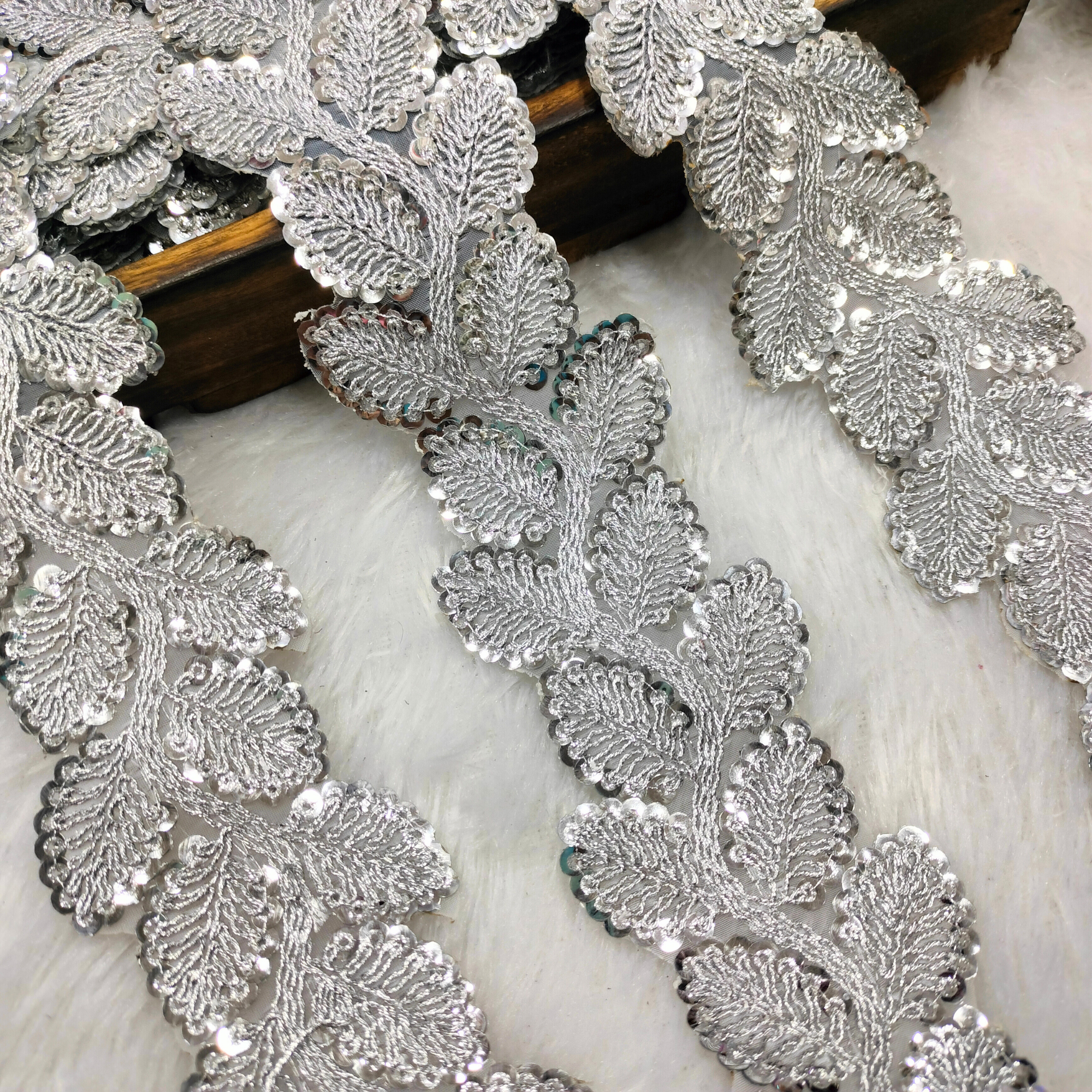 Silver Leaf Embroidered Sequin Lace