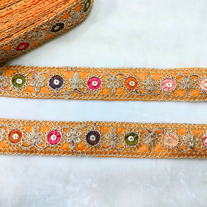 Vibrant Yellow Base Multicolor Embroidery Lace Trim