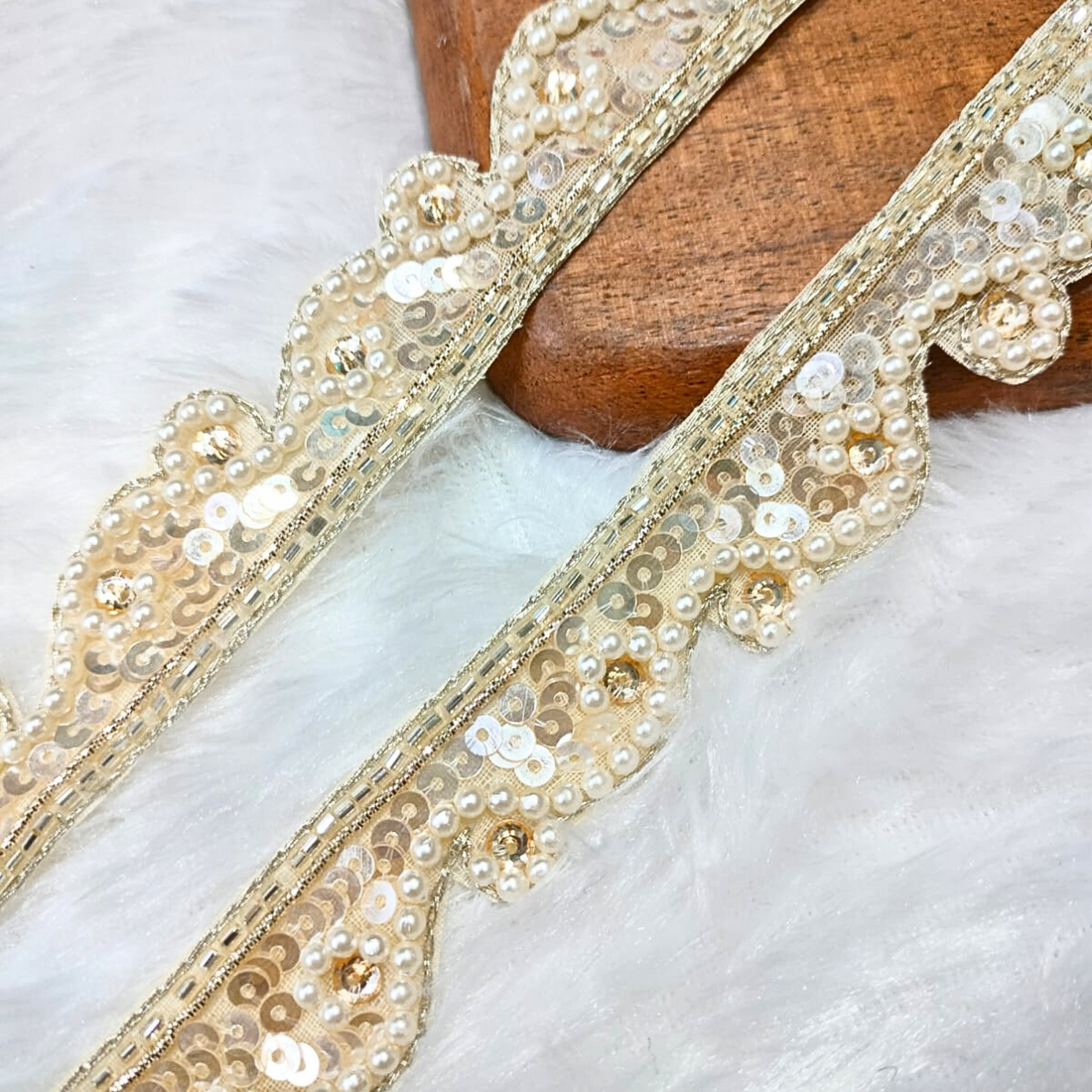 Light Gold Sequin & Pearl Embellished Handcrafted Trim