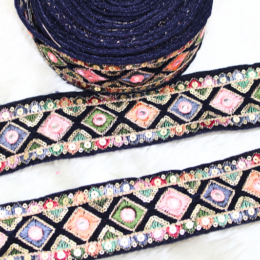 Vibrant Royal Blue Multicolor Embroidery Trim