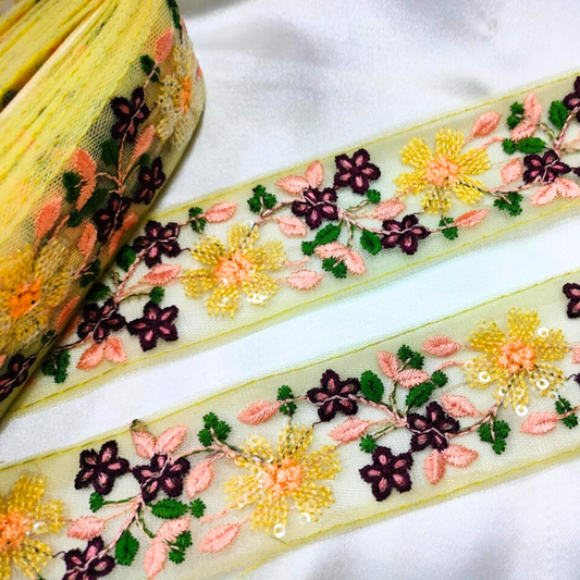 Lime Yellow Base Multicolor Floral Embroidered Trim