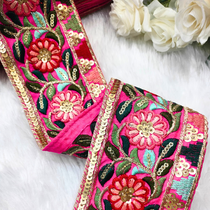 Vibrant Pink Multicolor Embroidery Trim