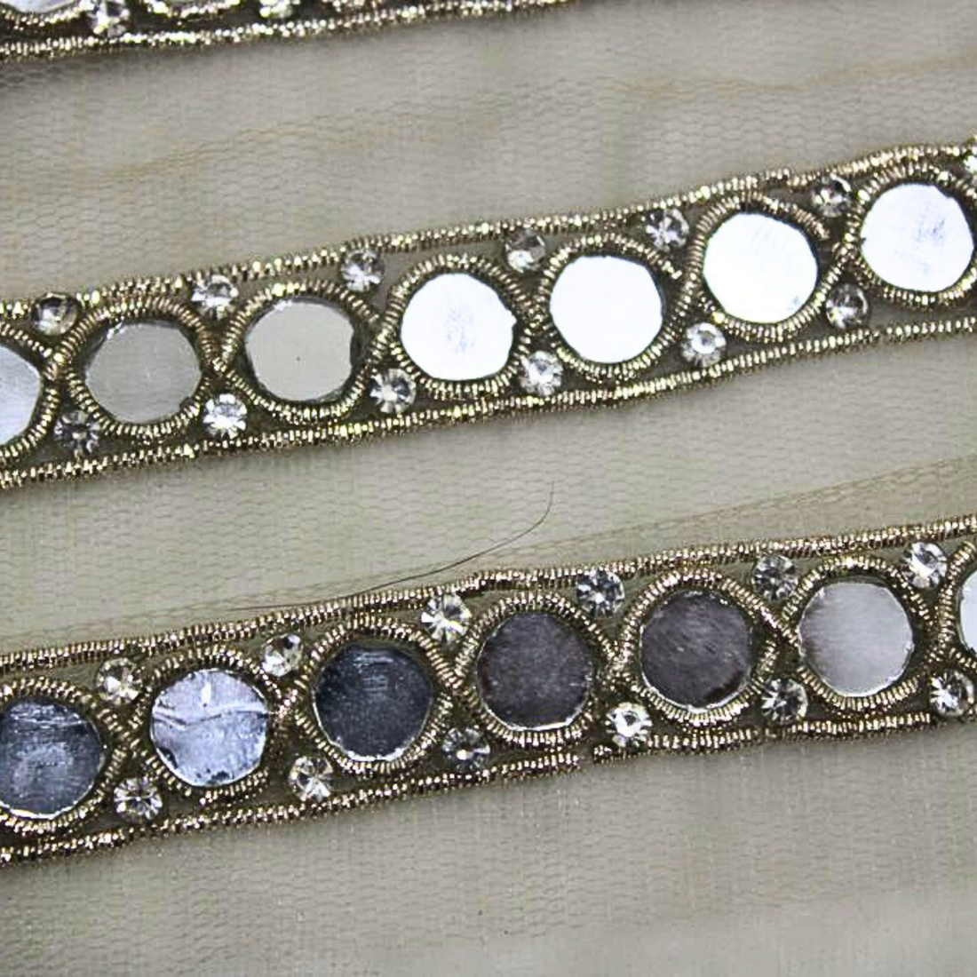 Light Gold Mirror And Stone Embellished Handwork Trim